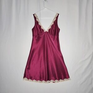 Vtg Victorias Secret Burgundy Satin Slip Dress Large V-Neck Lace 00s Y2K